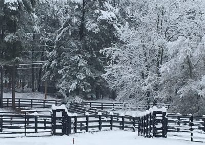 Snow-covered paddocks and fencing at Millstone Stables in winter.