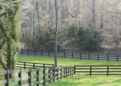 Fenced horse paddock with lush green grass and wooden fencing at Millstone Stables.