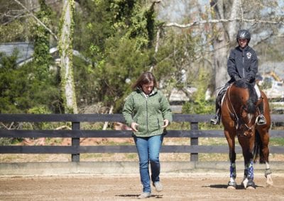 Woman walking beside a horse with rider at Millstone Stables.